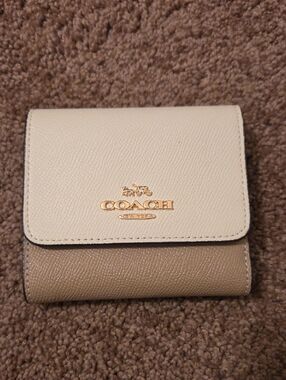 Coach Two-Tone Cream and Taupe Leather Compact Wallet with Gold Logo